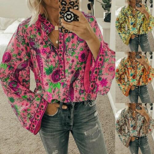 Autumn Womens Fashion Shirt V-neck Long Sleeve Loose Casual Floral Print Shirt Tops Holiday Evening Party Tops