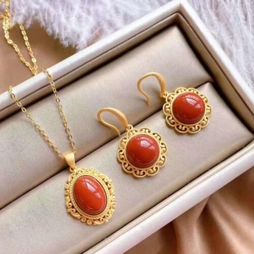 S925 Sterling Silver South Red Hollow Stud Earrings Natural South Red Geometric Ellipse Egg Noodle Earrings Fashion Ornament