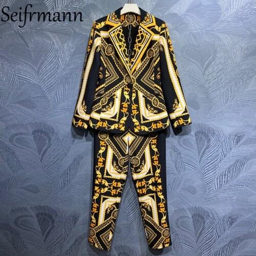 Seifrmann New 2021 Summer Women Fashion Designer Pant Suit Long Sleeve Vintage Coat + High Waist Print Long Pants 2 Pieces Suits