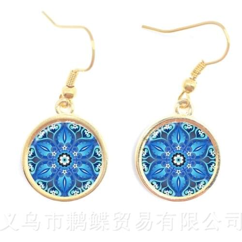 Flower Of Life Tibetan Om Mandala Earrings Gray Om Jewelry Vintage Buddhism Meditation Jewelry Glass Dome Pendant Gift