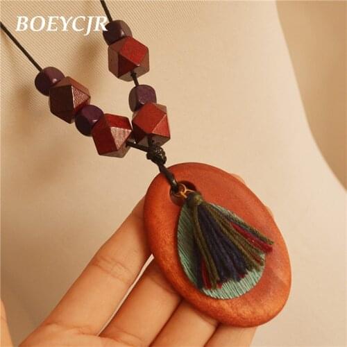 BOEYCJR Vintage Tassel & Wood Bead Pendant Necklace Rope Chain Fashion Jewelry Ethnic Pendant Necklace for Women Gift