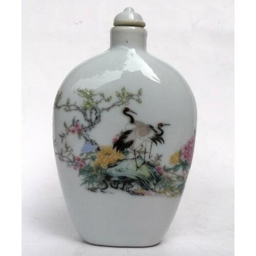 YIZHU CULTUER ART Collected Old Chinese Famille rose Porcelain Painting Crane Flowers Snuff Bottle Decoration Gift