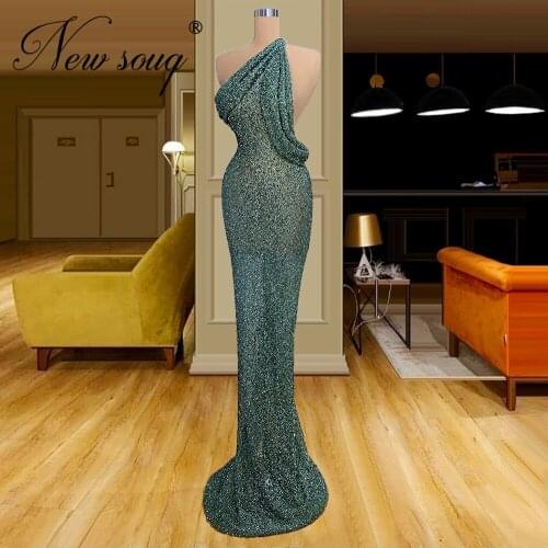 Illusion Green Evening Dresses Saudi Arabia Beading One Shoulder Prom Gowns Dubai 2021 Party Vestidos Women Formal Dress Kaftans