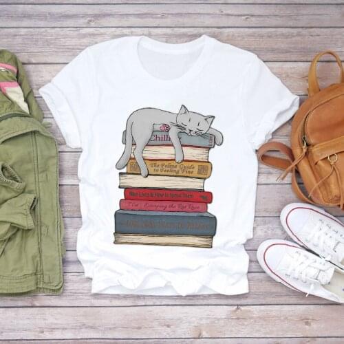 Women Cartoon Cat Funny Cute Fashion Casual 90s Print Lady T-shirts Top Womens Graphic T Shirt Ladies Female Tee T-Shirt