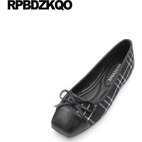 Slip on black large size plaid china breathable square toe designer korean bowtie white soft ballet flats women 2019 cheap shoes