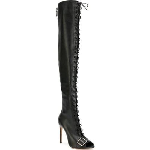 2018 Newest Black Leather Women Lace Up Over The Knee Boots Buckle Open Toe Ladies High Heel Knight Boots Long Zipper Back Boots