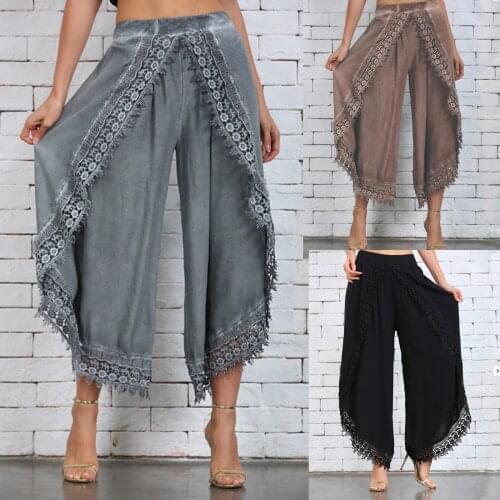 Women Casual Solid Lace Elastic Waist Workout Sports Wide Lag Pants