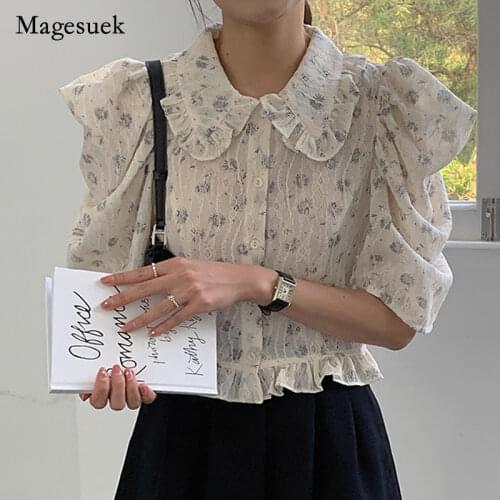 2021 Korea Women Tops Doll Collar Bubble Sleeves Shirt for Women Floral Sweet Office Lady Short Sleeve Top Female Blusa 14387