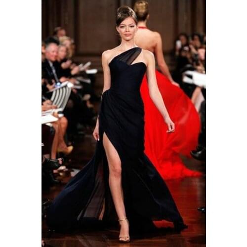 Elegant Long One Shoulder Black Celebrity Dresses Robe De Soiree Floor Length Slit Stretchy Chiffon for Women