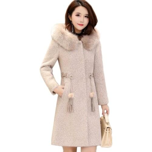 Hooded Fur Collar Coat Women Winter New Fashion Imitate Mink Velvet Coat Female Large Size Mid Long Pink Woolen Coat Outerwear