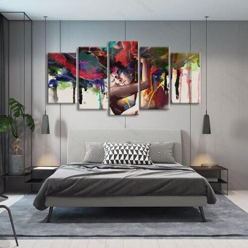 5 Panels Hd Print Mural Color Graffiti Couple Hugging Canvas Painting Wall Art Poster and Print Home Decorative