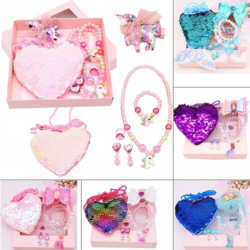 Princess Accessories Set Hair Clip+Necklace+Bracelet+Earrings+Ring+Bag Children 7PCS Baby Girls Unicorn Mermaid Hairpin Jewelr