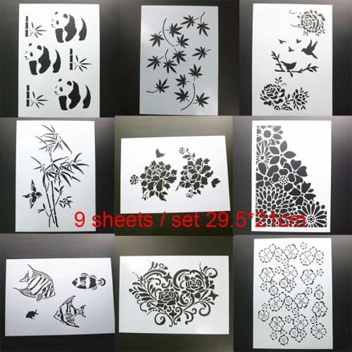 9pc Stencil Bullet Journal Panda Bamboo Leaf Painting Template DIY Embossing Craft Accessories Sjablonen For Scrapbooking Decor