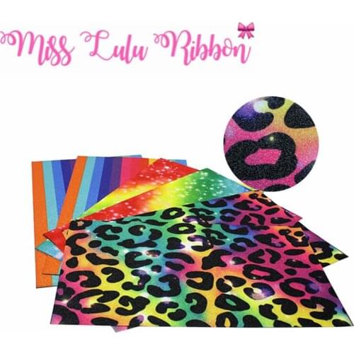 8x13 inch (20x34cm) Printed Glitter Vinyl Ribbon Cut Piece 60Pcs Rainbow Stripes Galaxy Colorful Leopard Hair Bowknots Making