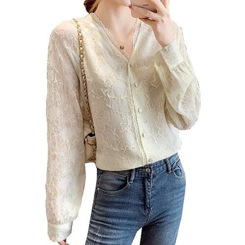 Fashion Women Spring Summer solid color lace Protruding pattern patchwork V-Neck elegant lady loose tops full sleeve shirts