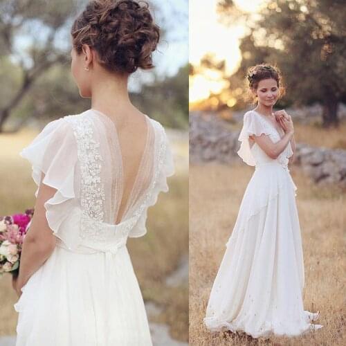 Bohemian V Neck Wedding Dresses A Line Beach Wedding Gowns Boho Bridal White Lace dress 2021 Backless for women