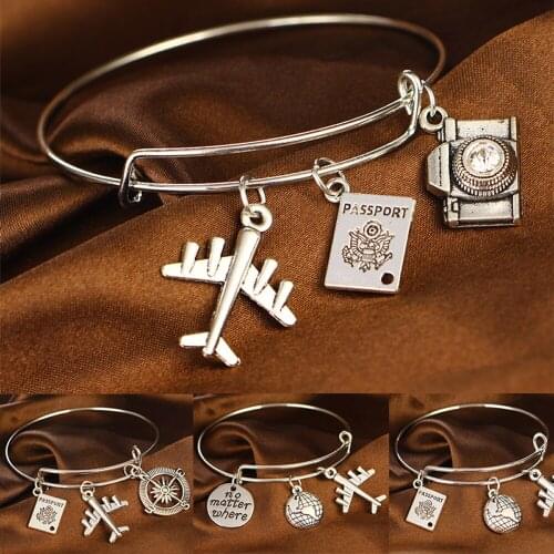 Traveling The World Airplane Compass Passport Camera Charm Bangle Bracelet Travel Jewelry For Wanderlust Travelers Bangles Gifts