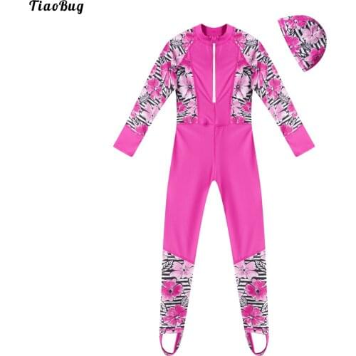TiaoBug Kids Girls Swimsuit Long Sleeve Zipper Front Holder Fastened Foot One Piece Swim Jumpsuit With Hat Flower Print Outfit