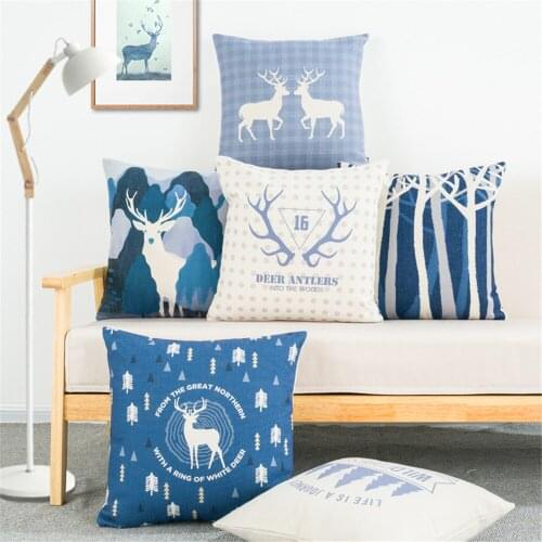 Nordic Style animals deer forest print blue throw pillow cushion cover case for sofa office chair bedroom capa de almofadas