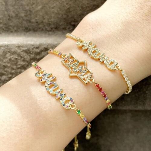 FLOLA Multicolor Stone MaMa Bracelets For Women Gold Plated Bolo Bracelet Bangle CZ Wholesale Jewelry Mothers Day Gifts brtd09
