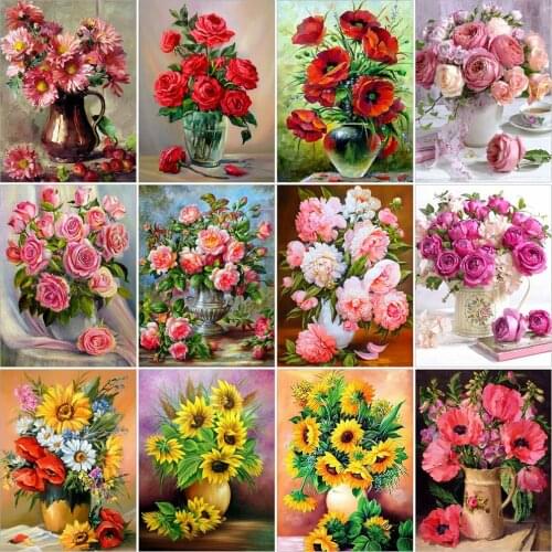 Huacan 5D Diamond Painting With Square Rhinestones Vase Diamond Embroidery Mosaic Flowers Needlework Decoration For Home