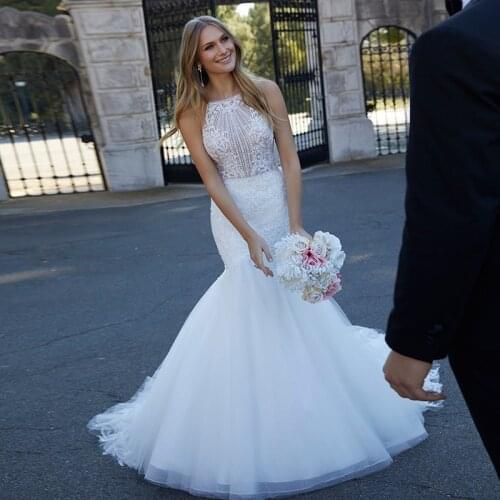 Illusion Back Sparking Beads Mermaid Wedding Dress Lace Vintage Vestido De Noiva Mariage Bridal Gown for Women