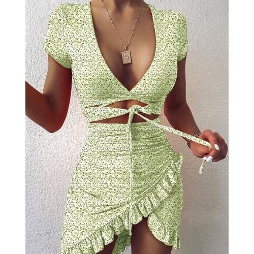 Floral Print Fashion Tie Up Wrap Mini Dress 2021 Summer Holiday Ruffles Sundress Ruched Womens Dress Short Sleeve