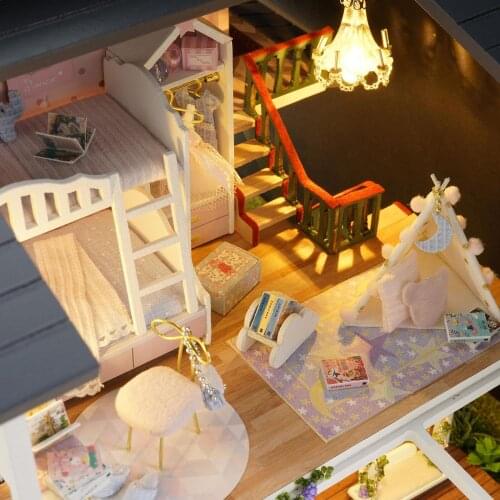 Miniature Dollhouse Furniture Kits Wooden LED Lights Playset Self Assembled