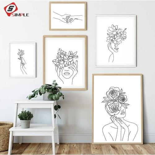 Simplicity Line Drawing Poster and Print Black White Abstract Flower Woman Artwork Canvas Painting Wall Art Picture Home Decor