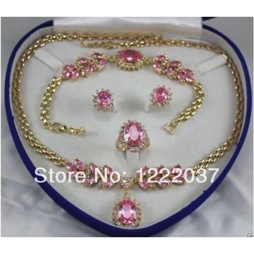 Wholesale Beautiful pink crystal necklace bracelet Earring Ring set