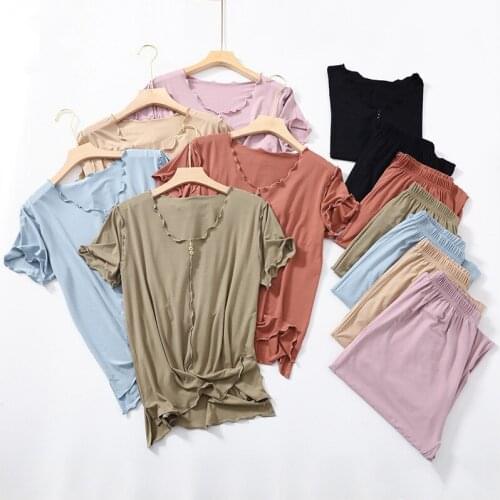 Pijamas De Mujer New Comfortable Modal Sleepwear Set Short Sleeve Trousers Summer Pajamas Women Casual Pyjama Femme Buttons