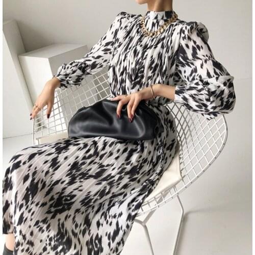 Panelled Dress Fashion Vintage Pleated New Korean Women Stand Collar Chic