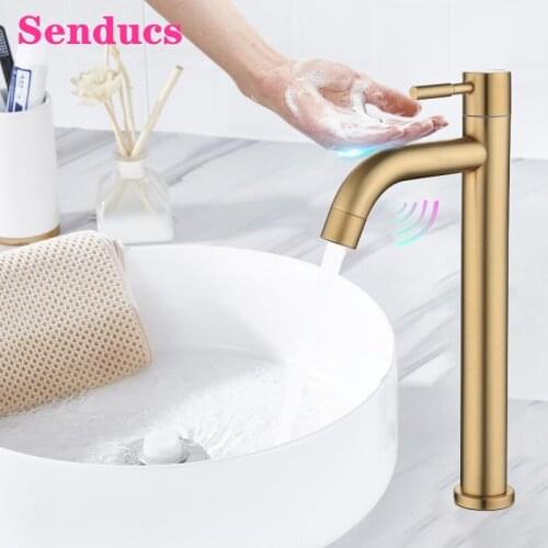 Touch Cold Basin Faucet Senducs Single Cold Basin Sink Tap SUS304 Stainless Steel Cold Mixer Tap Brushed Gold Touch Basin Faucet