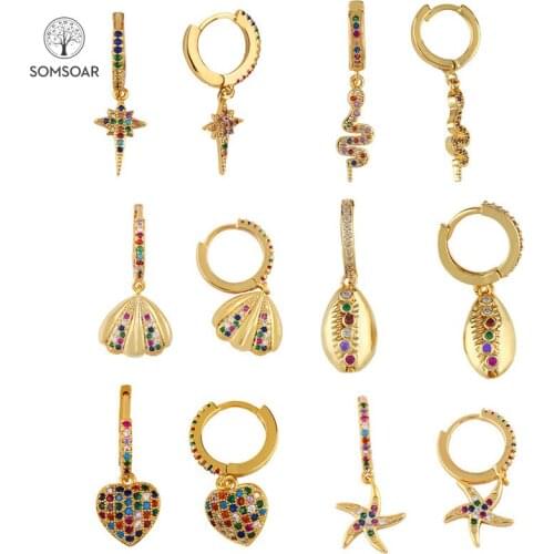 Somsoar Jewelry rainbow crystal zircon Dangle Earrings with shell & Heart & starfish & Snake Charms as Mothers Day Gift