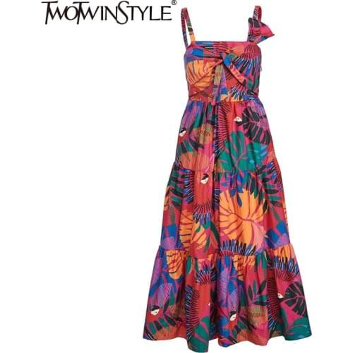 TWOTWINSTYLE Casual Print Floral Sling Dress For Women Square Collar Sleeveless High Waist Midi Dresses Female 2021 Summer Style