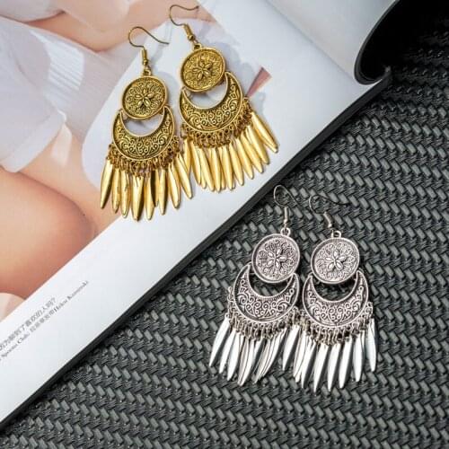 Vintage Multilayer Geometric Tassel Drop Earrings for Women Boho Ethnic Long Gold Silver Color Carved Dangle Earrings Jewelry