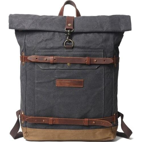 Vintage Oil Wax Canvas with Belts Backpack Mens Style Laptop School Bag Roll Top Backpacks Waterproof