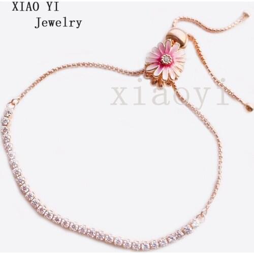 XIAOYI 2020 New 100% S925 Rose color Daisy flower zircon charm gentle personality high quality bracelet wedding jewelry female
