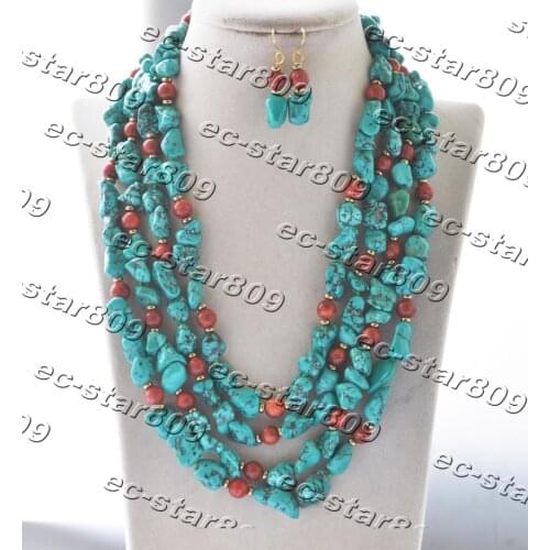 Z11264 4Row 20" 13mm Green Baroque Turquoise Red Coral Necklace Earring Women Fashion Jewelry