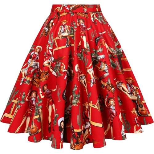 2021 New Floral Cowgirls Printed Cotton Vintage Skirt VD0020 Women Clothing Black High Waist Flare Y2K Skirts faldas