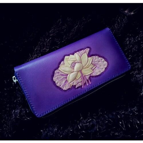 Handmade carving Lotus Women Purple Wallets Card Holder Purses Men Long Clutch Vegetable Tanned Leather