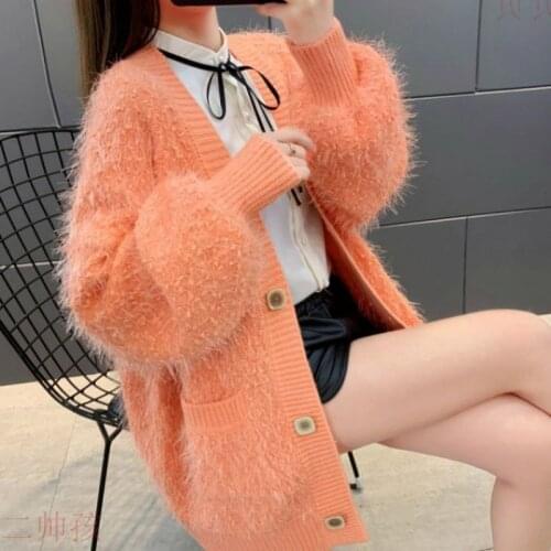 Orange Faux Fur Winter Autumn Women Sweaters Trendy Furry Plush V-Neck Long Loose Korean Oversized Jacket Sweater Tops Overcoat