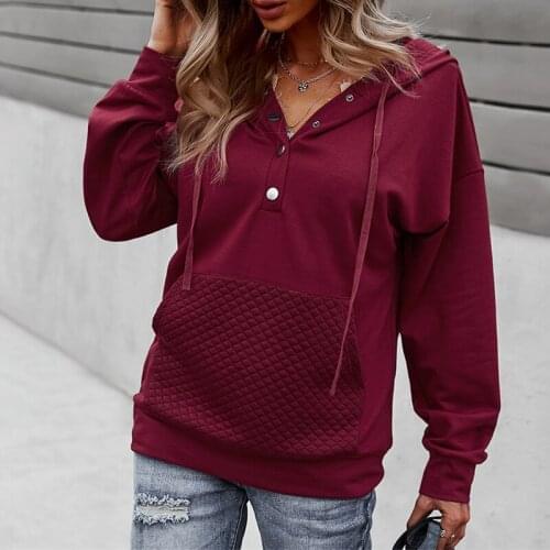 Autumn Winter Women Sweatshirt Button Pocket Solid Hooded Hoodies Loose Fashion Female Sportswear Top Tee