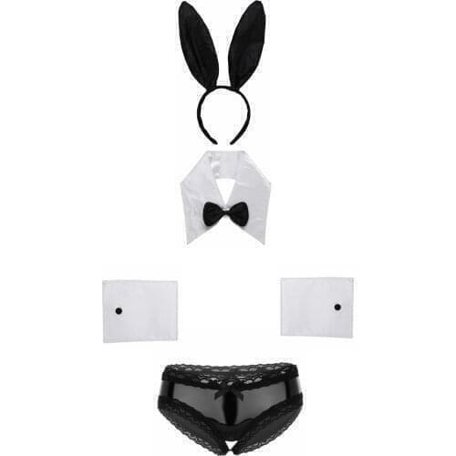 Women Collar Bowtie Cuffs Rabbit Ears Headband with Stretchy Low Rise Crotchless Briefs Underwear Club Stage Performance Costume