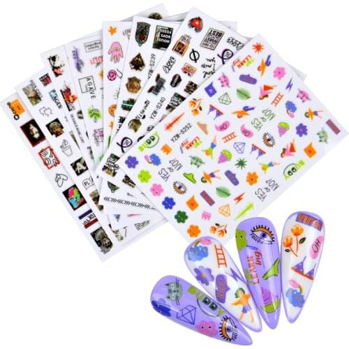 1 Sheet Adhesive Sticker Anime Cat LOVE Letter Face Color Nail Art Transfer Decals Tips Watermark Slider Manicure Decorations