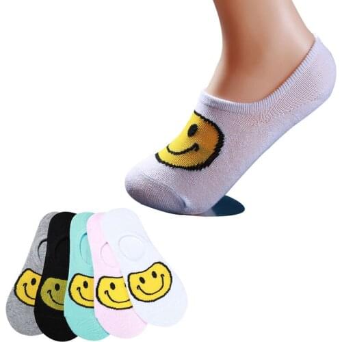 5pairs Women Socks Meia Spring Autumn Fashion Cute Cartoon Smile Face Shallow Mouth Boat Socks Invisible Comfortable Cotton Sock