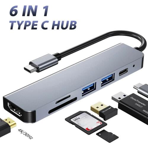 6 in 1 Aluminum Multiport USB-C Hub Type C To USB 3.0 4K HDMI-Compatible Adapter Converter Docking Station For Macbook Pro/Air