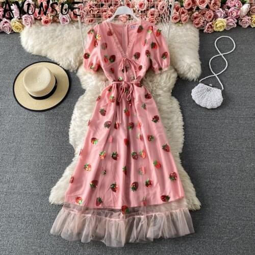 AYUNSUE Korean Summer Dresses for Women Long Pink Strawberry Dress Woman Elegant Party Dress Deep V Neck 2021 Vestido De Mujer