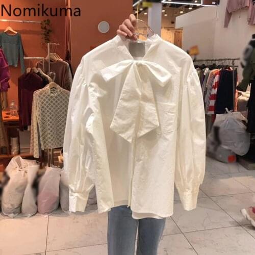 Nomikuma Sweet Bow Tie Puff Sleeve Blouse Shirt Korean Causal Women Tops 2021 Spring New Camisas De Mujer Elegantes 6E656