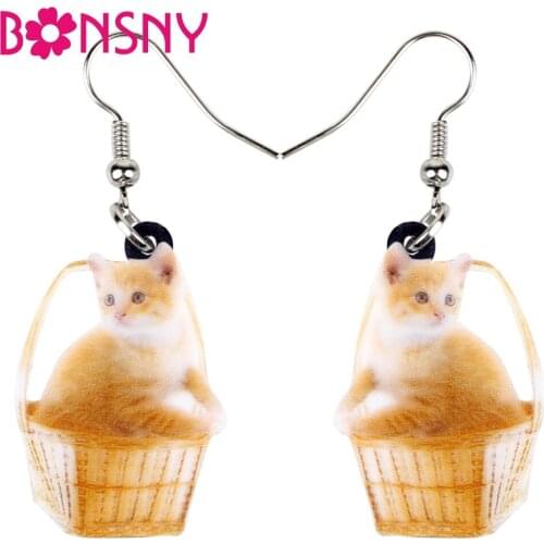Bonsny Statement Acrylic Basket Of Cute Orange Cat Kitten Earrings Dangle Drop New Fashion Jewelry For Women Girls Pet Lovers
